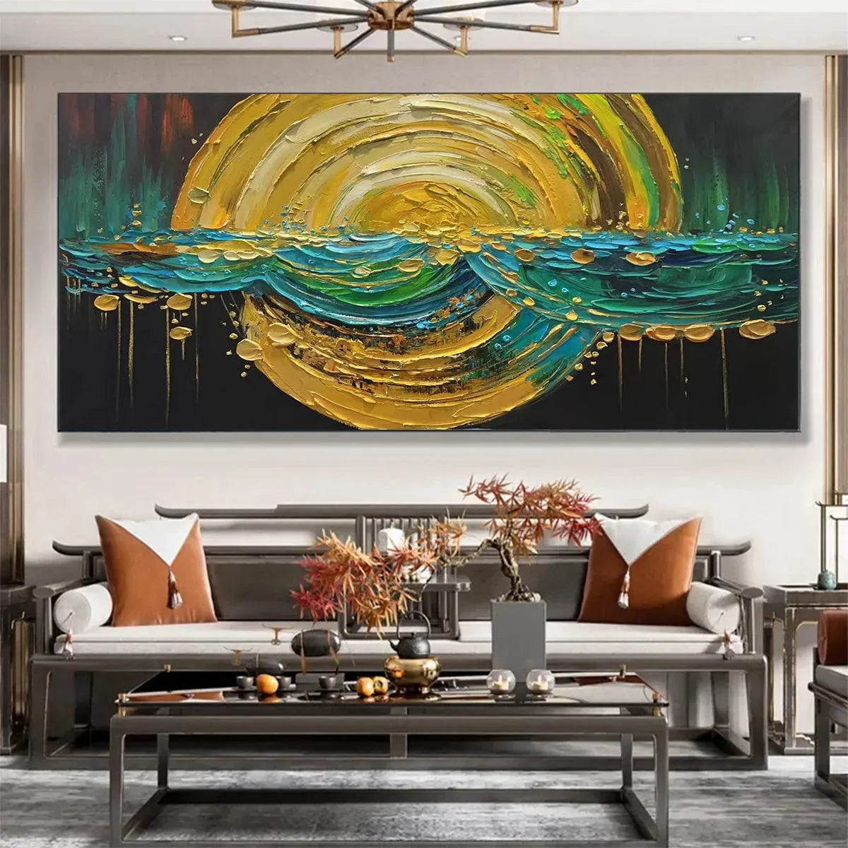 Abstract Sunburst Oil Painting - Gold and Green Art - Image 2