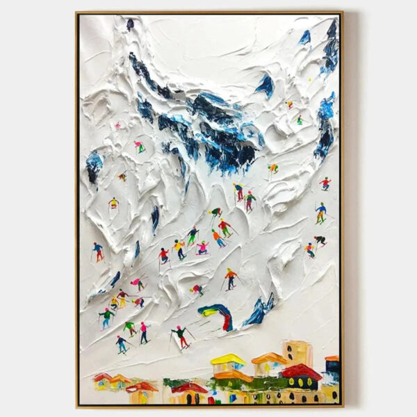 ALPINE SKI DAY: Textured Ski Scene Painting, Vertical Wall Art