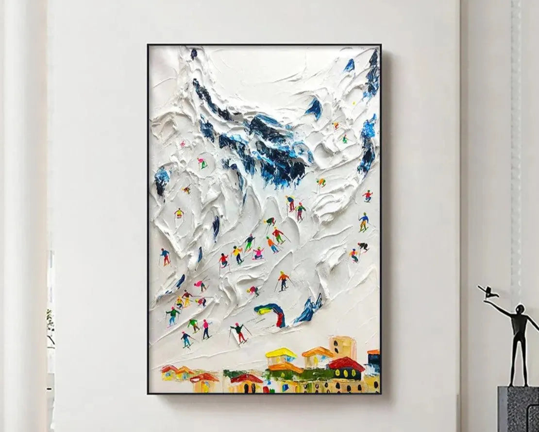 ALPINE SKI DAY: Textured Ski Scene Painting, Vertical Wall Art - Image 2
