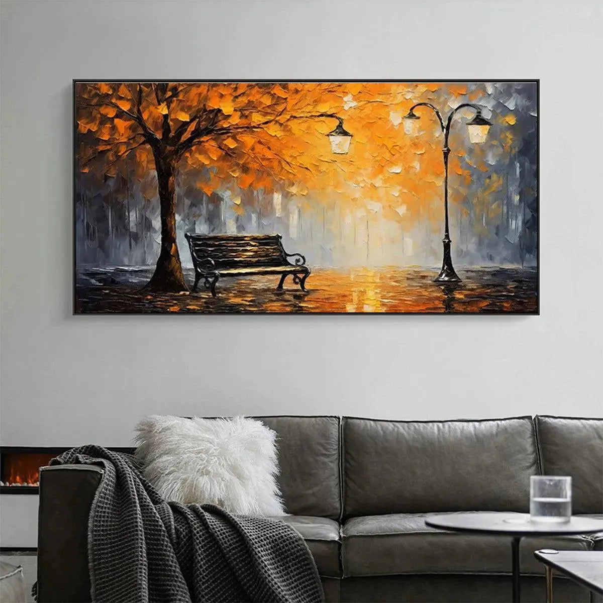 AUTUMN PARK BENCH: Impressionistic Park Painting in Orange and Grey - Image 2