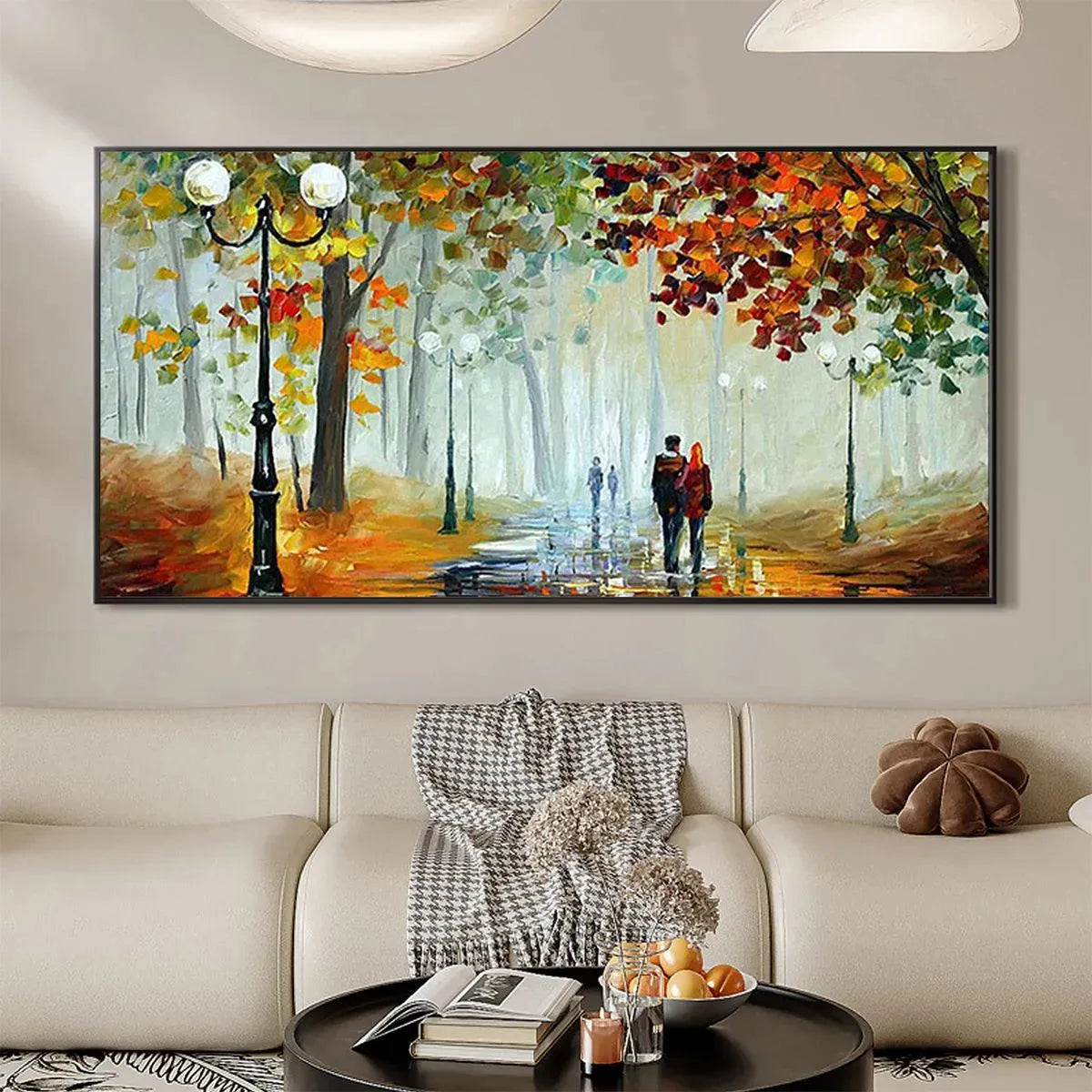 AUTUMN PARK STROLL: Romantic Park Landscape Painting, Horizontal Wall Art - Image 2