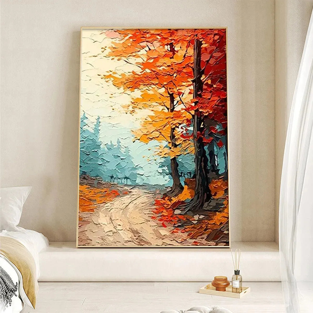 AUTUMN PATH: Textured Forest Path Painting, Orange and Blue Wall Art, Vertical Canvas, Impasto Decor - Image 7