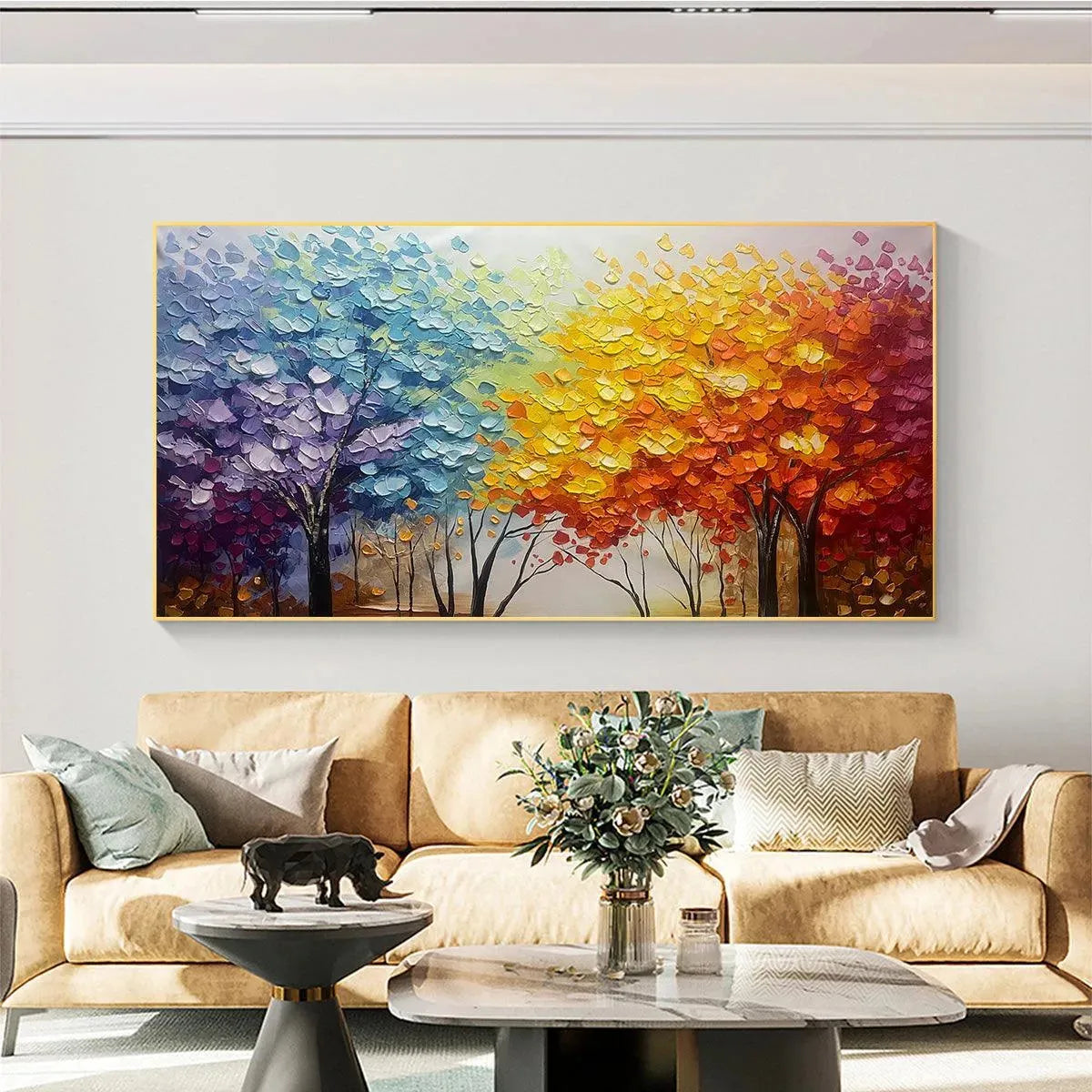 AUTUMN RAINBOW: Panoramic Tree Painting in Vibrant Colors, Textured Canvas, Modern Wall Art - Image 7