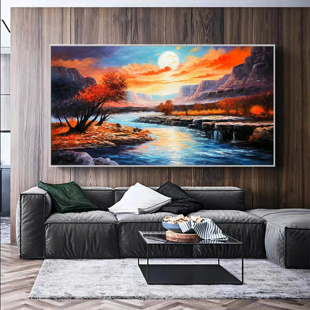 AUTUMN RIVER: Landscape Painting of a River at Sunset, Mountains, and Autumn Trees, Modern Wall Art - Image 2