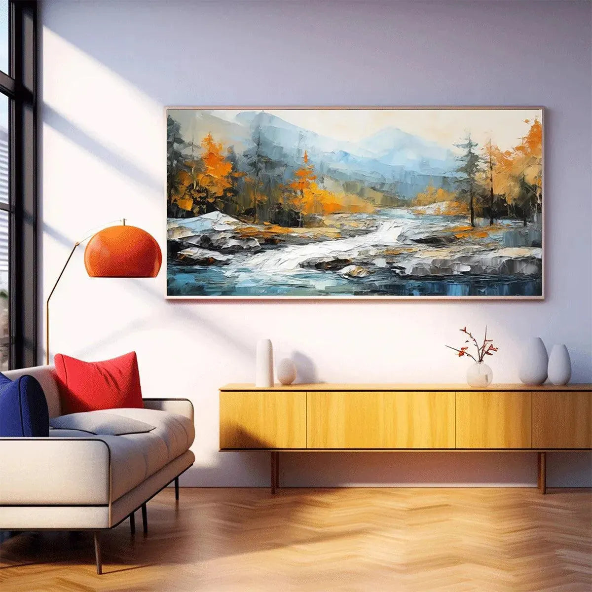 AUTUMN RIVER: Textured Landscape Painting with River and Mountains - Image 2