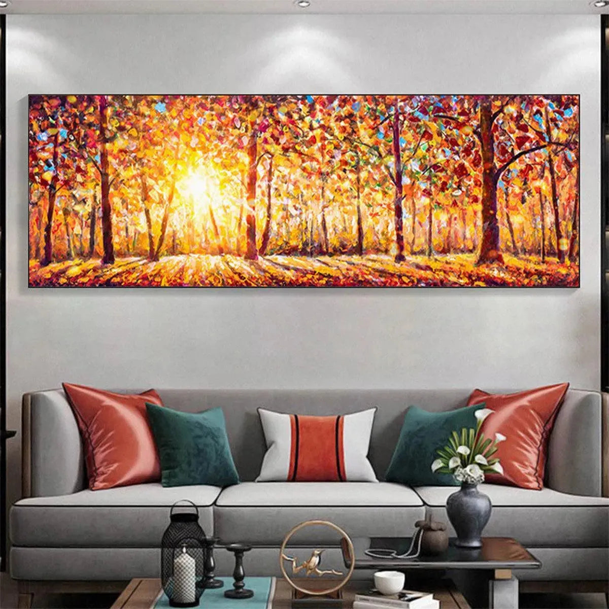 AUTUMN SUNRISE: Panoramic Forest Landscape Painting in Orange and Yellow - Image 2
