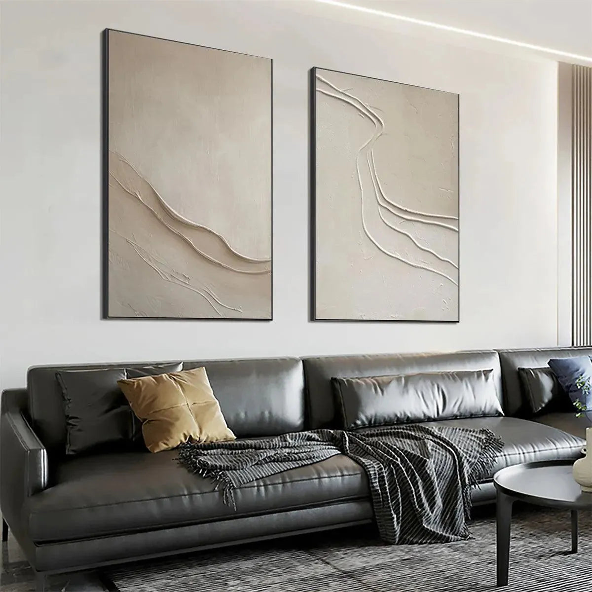 BEIGE TEXTURED ABSTRACT DIPTYCH: Textured Abstract Painting Set of 2, Square Wall Art - Image 5