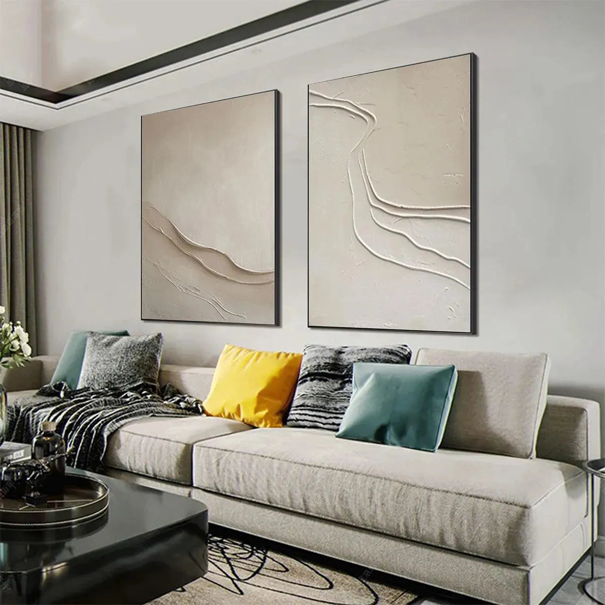 BEIGE TEXTURED ABSTRACT DIPTYCH: Textured Abstract Painting Set of 2, Square Wall Art - Image 8