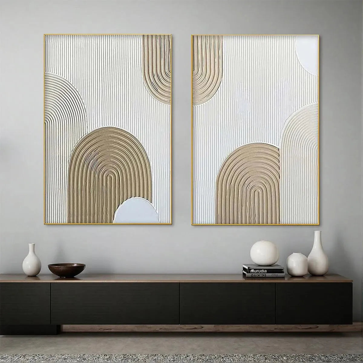 BEIGE TEXTURED ARCHES DIPTYCH: Textured Abstract Painting Set of 2, Vertical Wall Art - Image 2