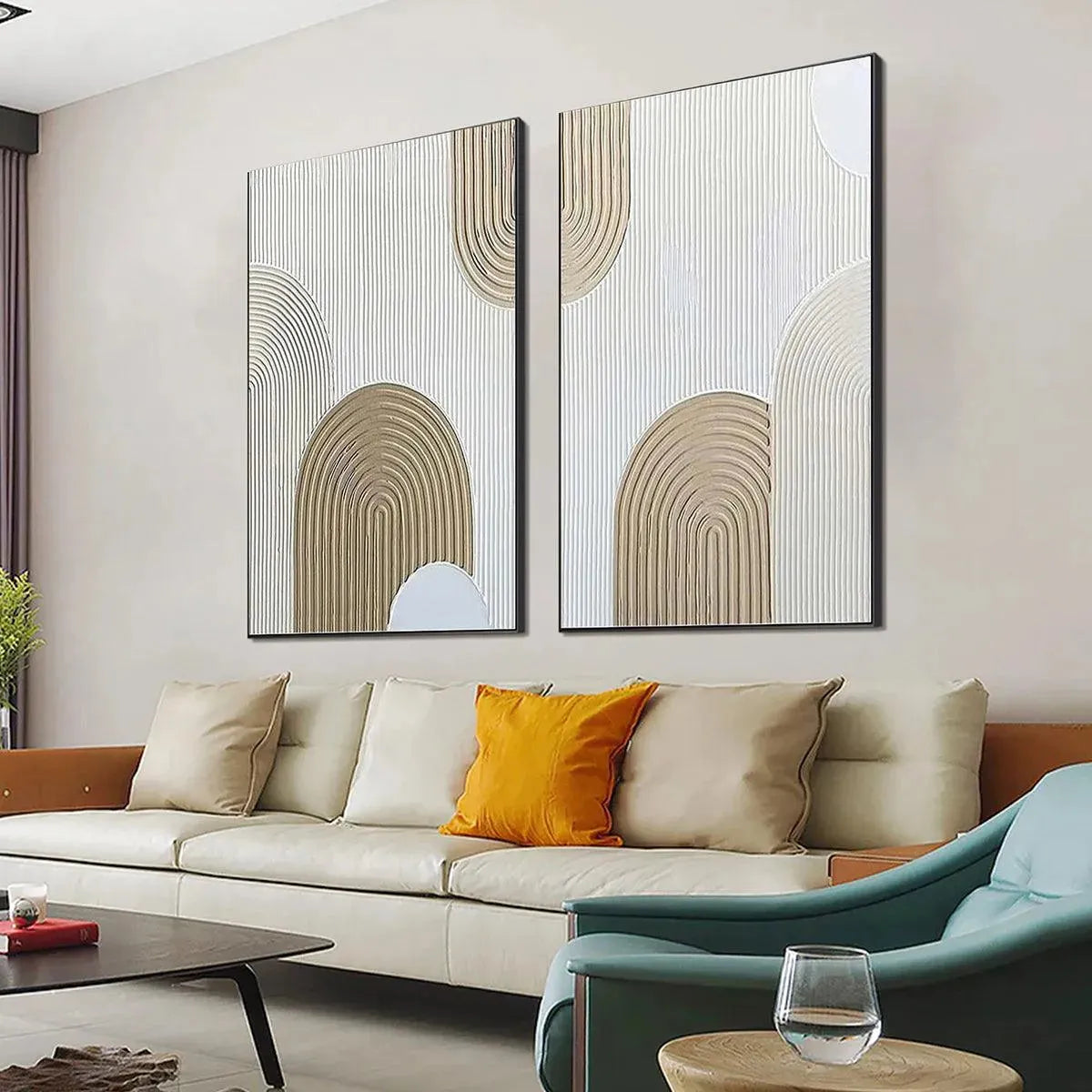 BEIGE TEXTURED ARCHES DIPTYCH: Textured Abstract Painting Set of 2, Vertical Wall Art - Image 5