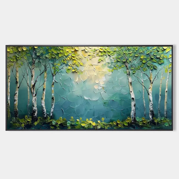 BIRCH GROVE: Textured Forest Painting, Impasto Wall Art, Horizontal Canvas, Birch Tree Decor