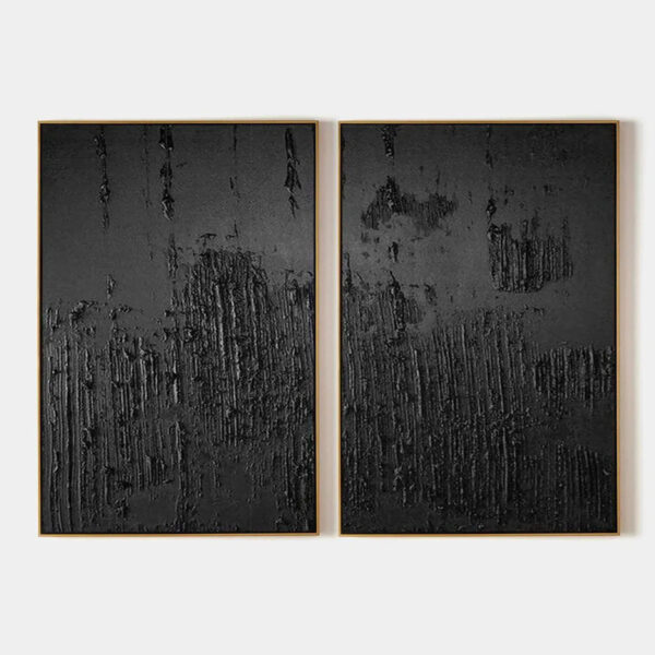 BLACK TEXTURED DIPTYCH: Textured Abstract Painting Set of 2, Vertical Wall Art