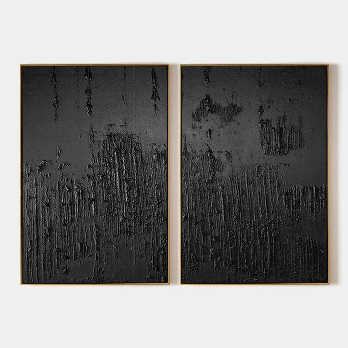 BLACK TEXTURED DIPTYCH: Textured Abstract Painting Set of 2, Vertical Wall Art