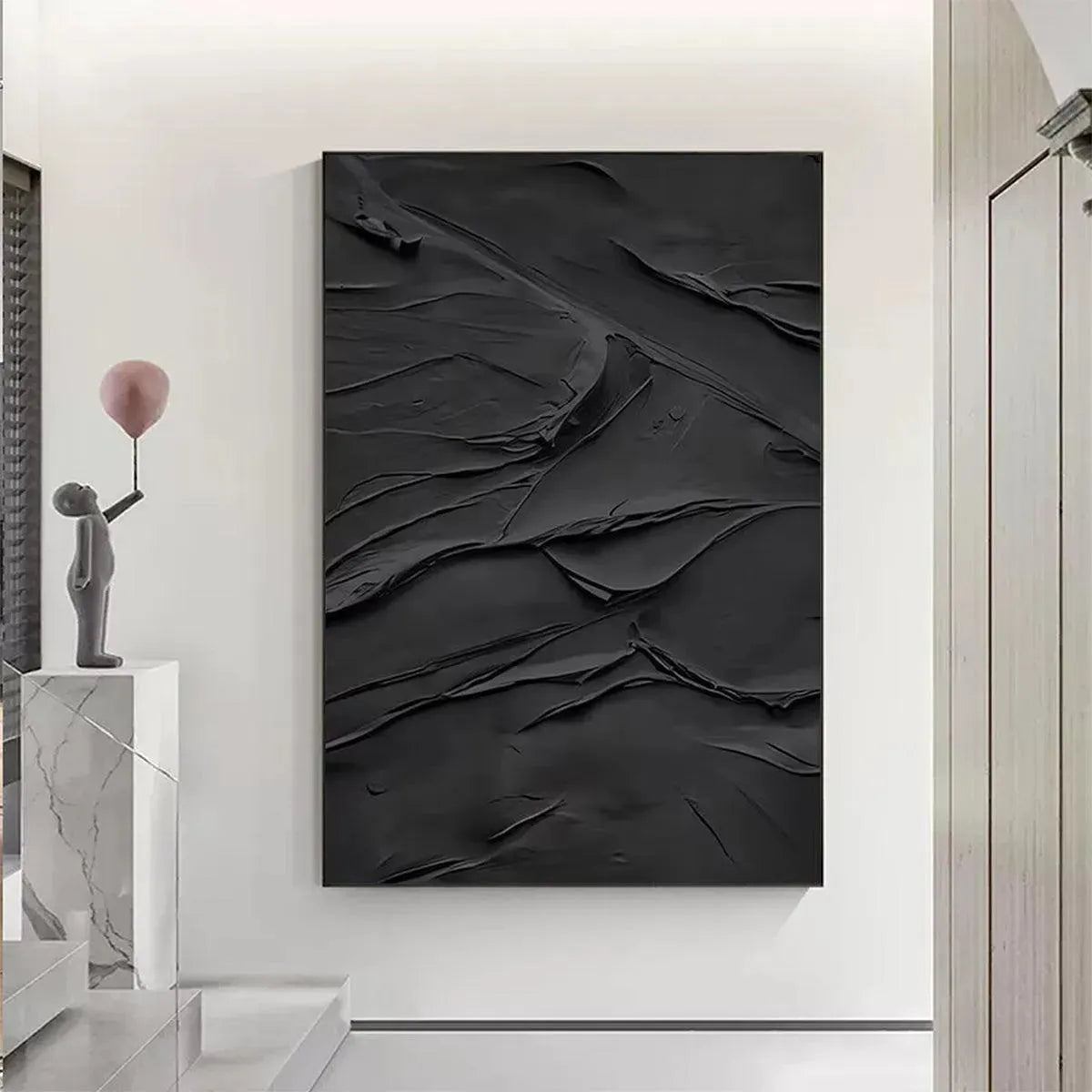 BLACK TEXTURED IMPASTO: Dramatic Black Impasto Painting, Vertical Wall Art - Image 2