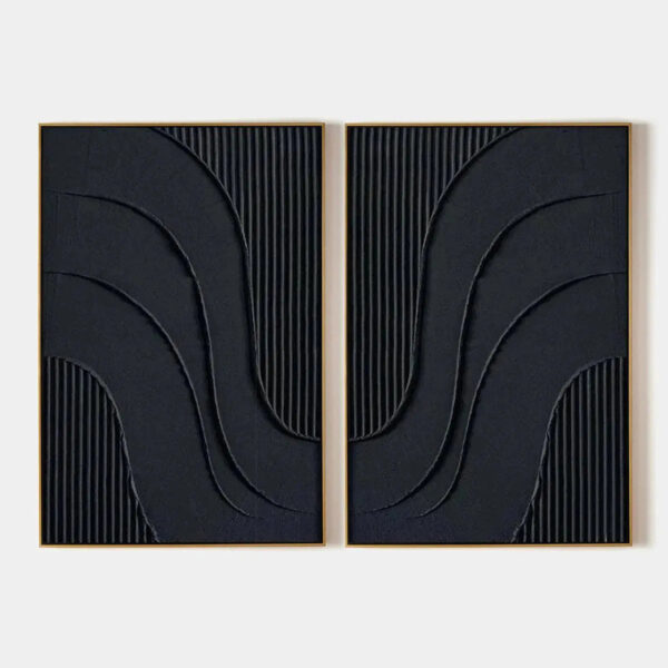 BLACK TEXTURED WAVES DIPTYCH: Textured Abstract Painting Set of 2, Vertical Wall Art