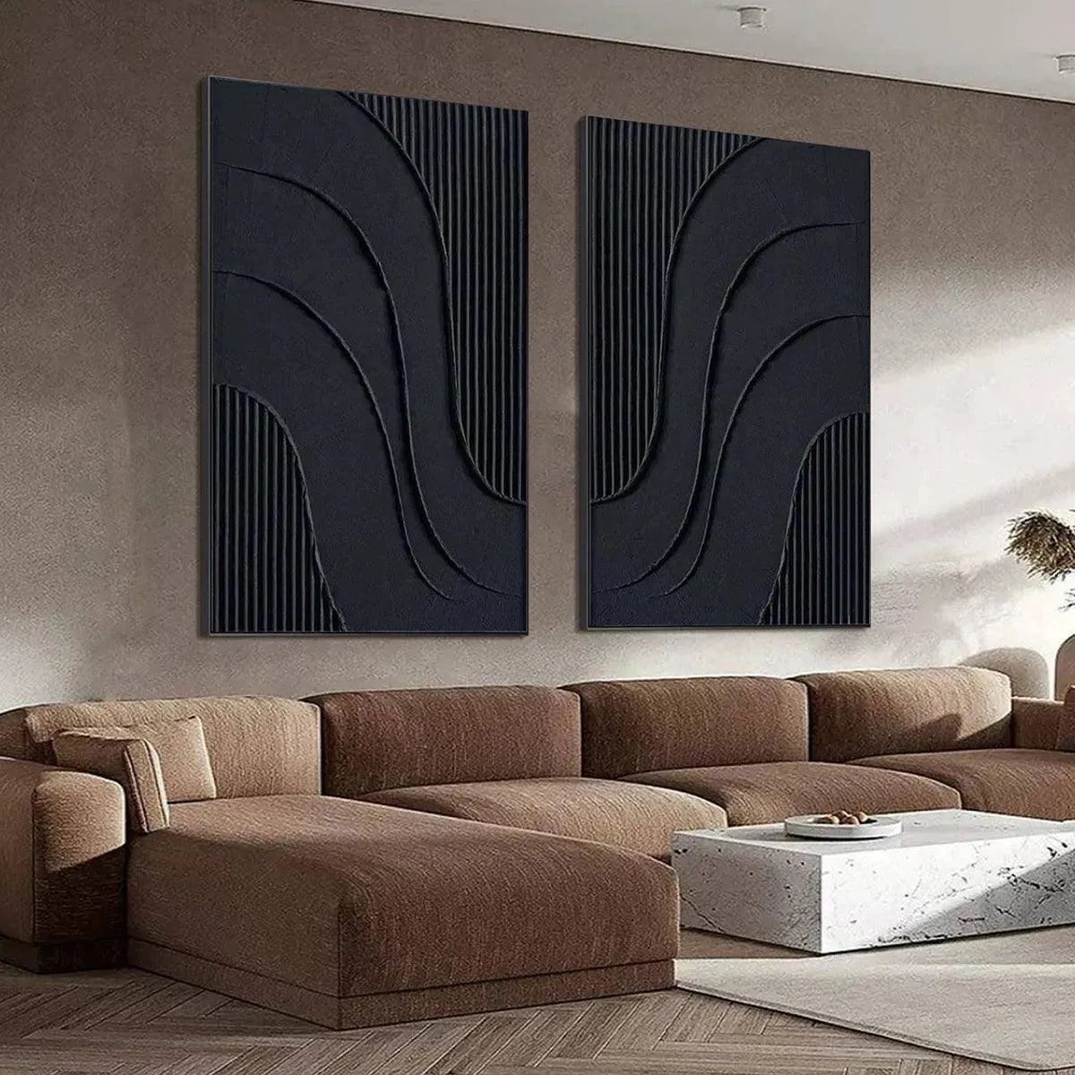 BLACK TEXTURED WAVES DIPTYCH: Textured Abstract Painting Set of 2, Vertical Wall Art - Image 4