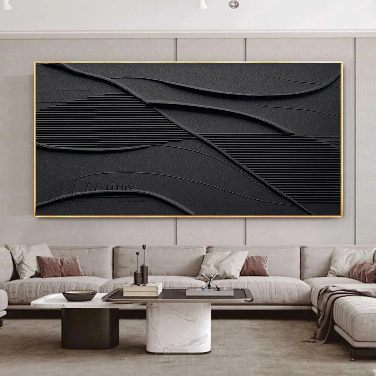 BLACK TEXTURED WAVES: Minimalist Textured Painting - Image 2