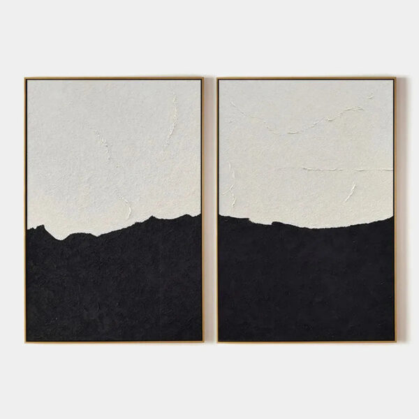 BLACK & WHITE ABSTRACT LANDSCAPE DIPTYCH: Textured Abstract Painting Set of 2, Vertical Wall Art