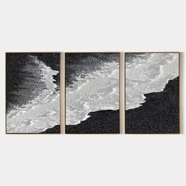 BLACK & WHITE OCEAN TRIPTYCH: Abstract Ocean Painting Set of 3, Vertical Wall Art