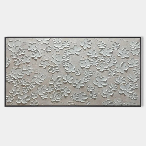 BLANC BLOOM: Textured White Floral Painting, Horizontal Canvas, Minimalist Wall Art
