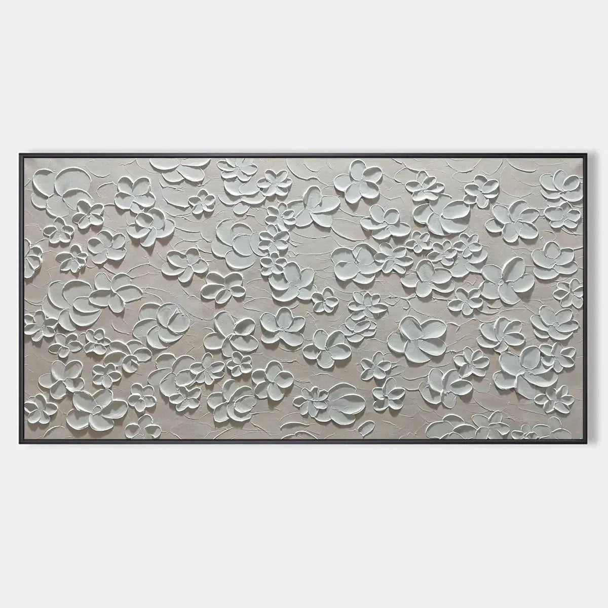 BLANC BLOOM: Textured White Floral Painting, Horizontal Canvas, Minimalist Wall Art