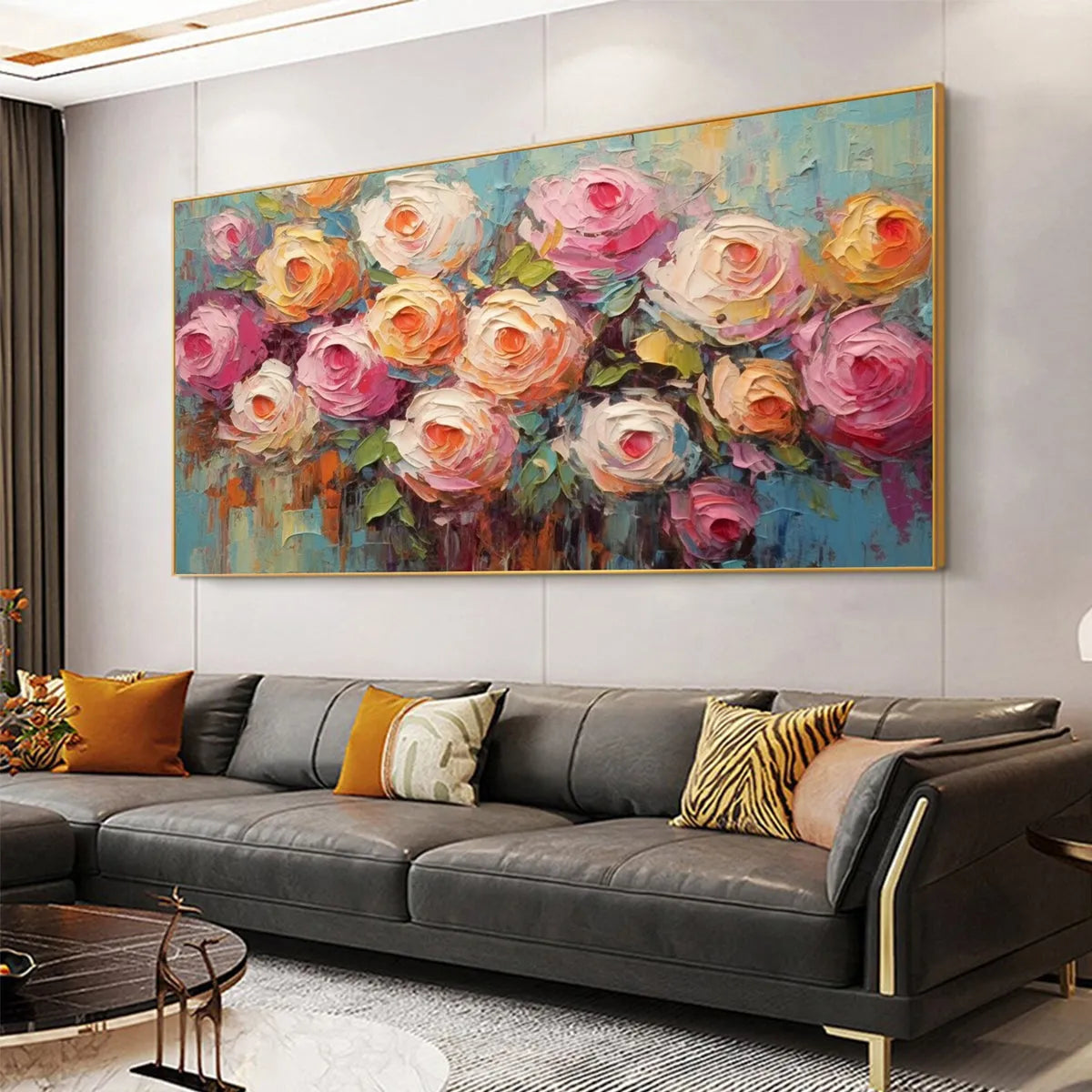 BLOOMING BOUQUET RHAPSODY: Colorful Impasto Floral Rose Painting for Wall Decor - Image 5