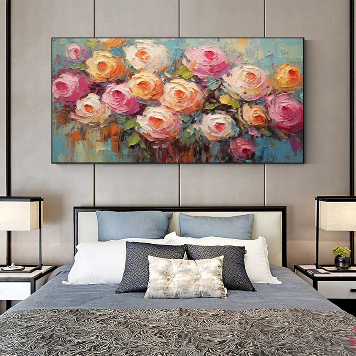BLOOMING BOUQUET RHAPSODY: Colorful Impasto Floral Rose Painting for Wall Decor - Image 3