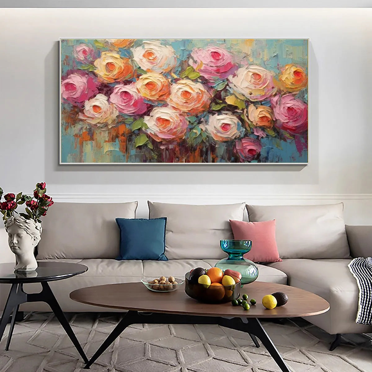 BLOOMING BOUQUET RHAPSODY: Colorful Impasto Floral Rose Painting for Wall Decor - Image 2