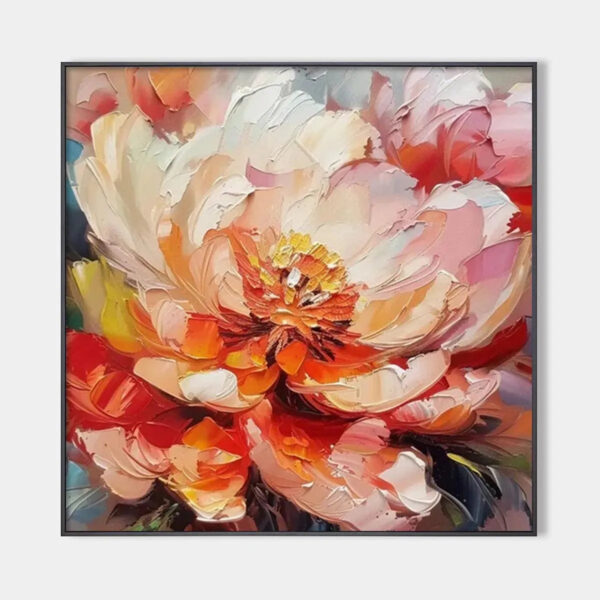 BLOOMING PEONY: Textured Impasto Peony Painting in Pink and Orange