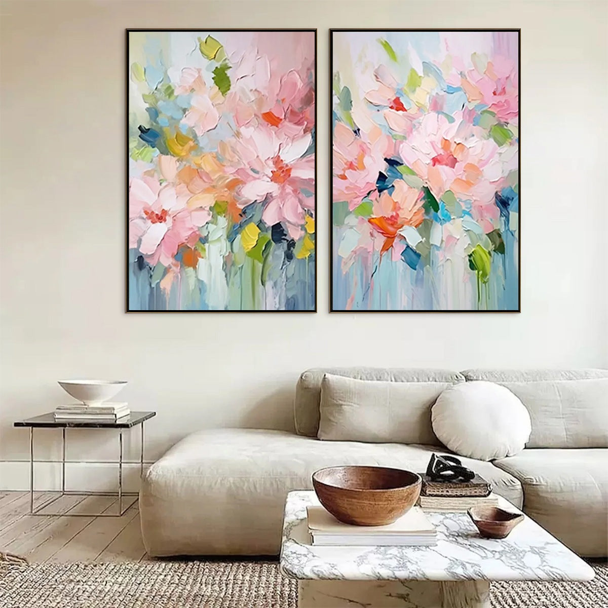 BLOSSOM CHORALE: Textured Impressionist Floral Diptych Oil Painting - Image 2