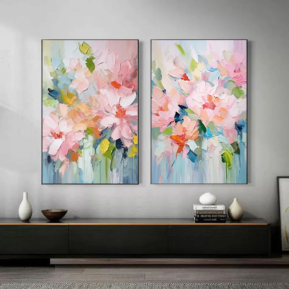 BLOSSOM CHORALE: Textured Impressionist Floral Diptych Oil Painting - Image 3