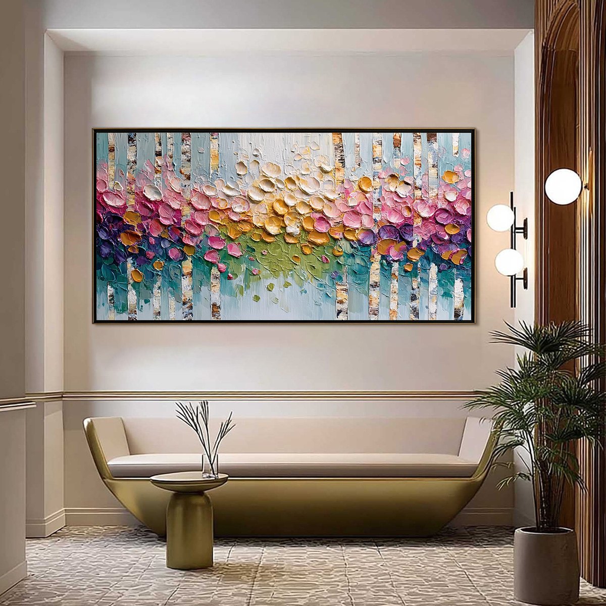 BLOSSOMING BIRCH: Colorful Impasto Birch Tree Forest Palette Knife Painting - Image 2