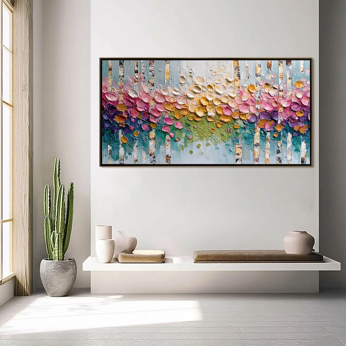 BLOSSOMING BIRCH: Colorful Impasto Birch Tree Forest Palette Knife Painting - Image 4