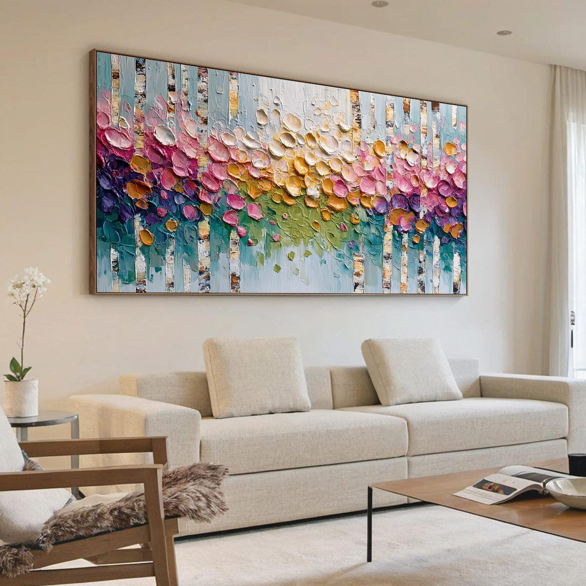 BLOSSOMING BIRCH: Colorful Impasto Birch Tree Forest Palette Knife Painting - Image 7