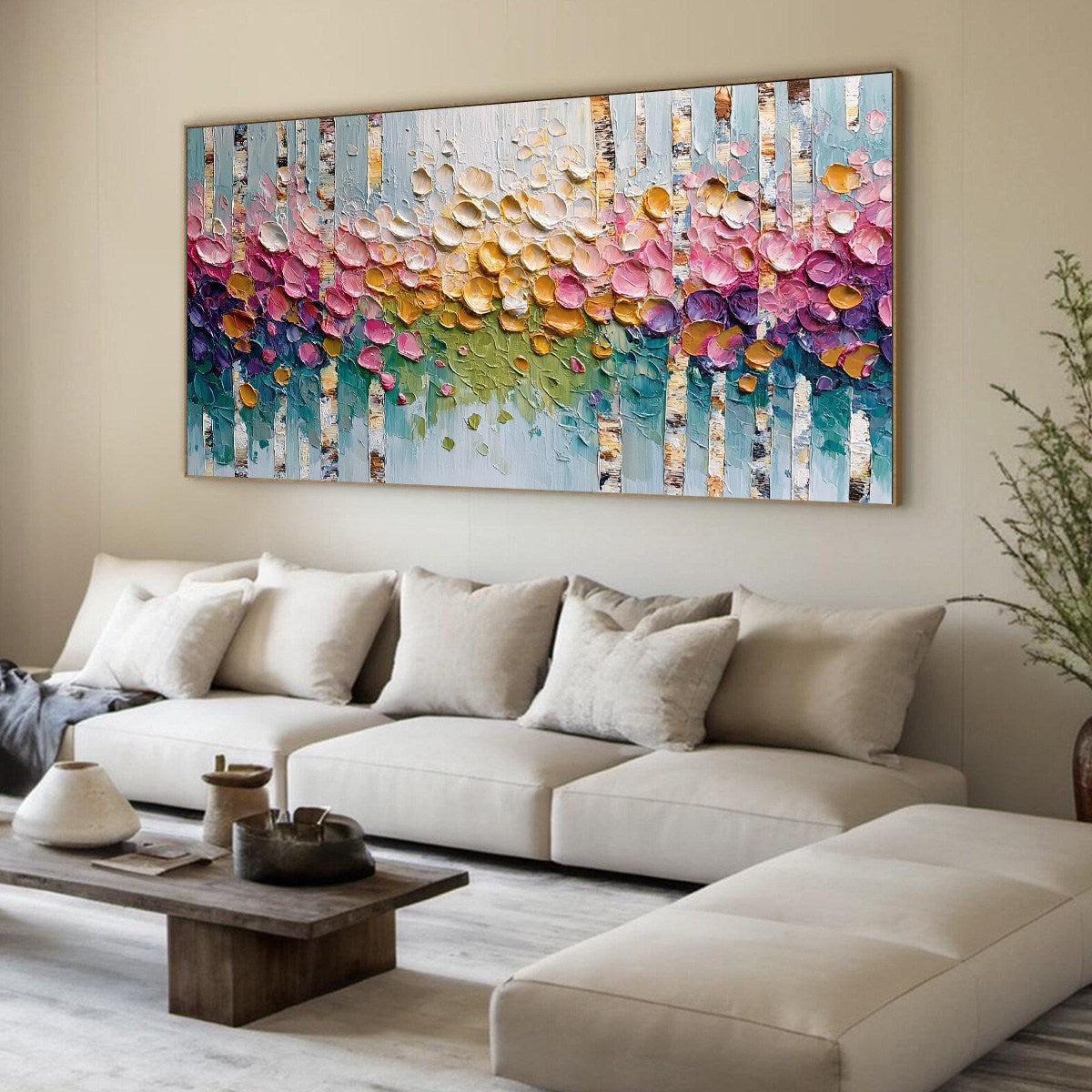 BLOSSOMING BIRCH: Colorful Impasto Birch Tree Forest Palette Knife Painting - Image 8