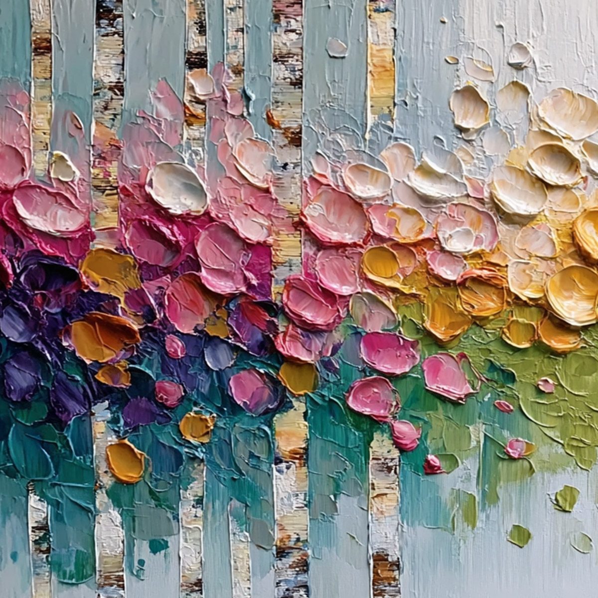 BLOSSOMING BIRCH: Colorful Impasto Birch Tree Forest Palette Knife Painting - Image 3