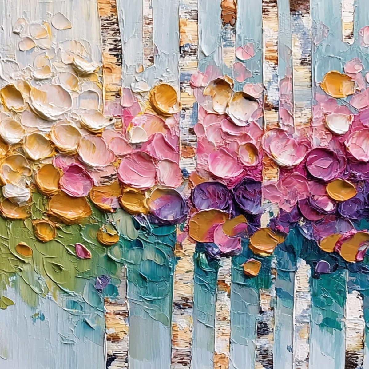BLOSSOMING BIRCH: Colorful Impasto Birch Tree Forest Palette Knife Painting - Image 5