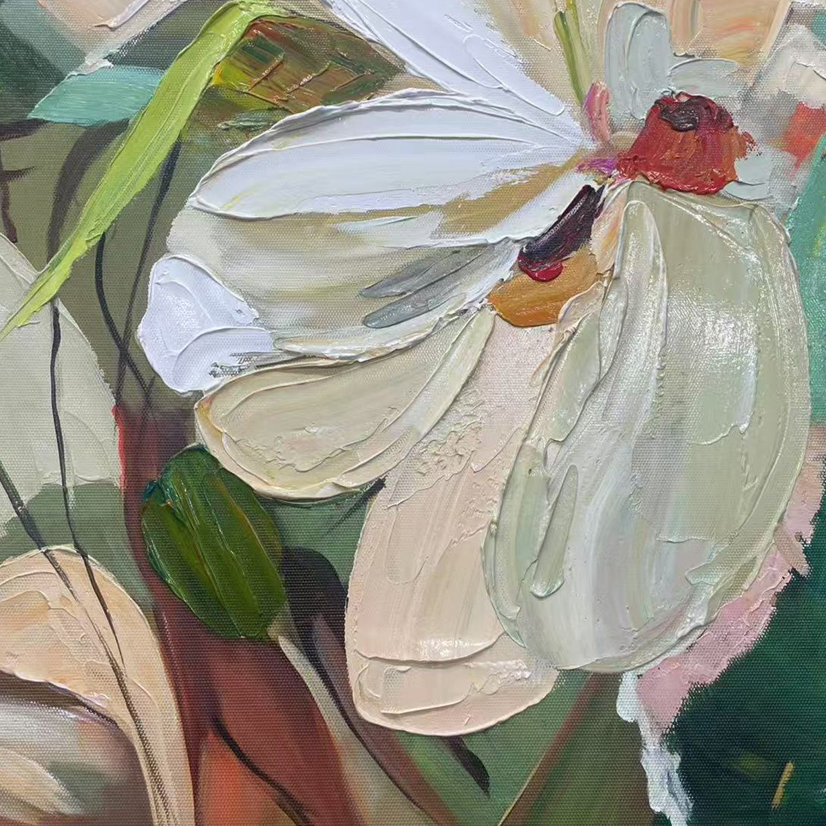 BLOSSOMING SERENITY: Impressionistic Floral Portrait Oil Painting - Image 6