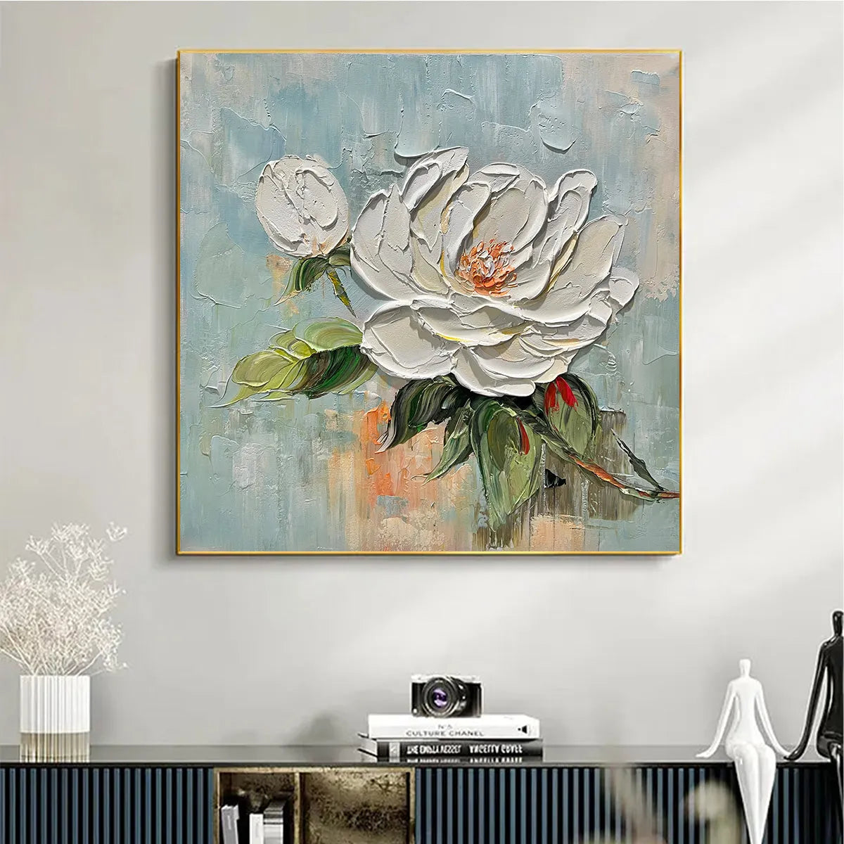 BLOSSOM'S GRACE: Textured Impasto Magnolia Painting on Square Canvas - Image 4