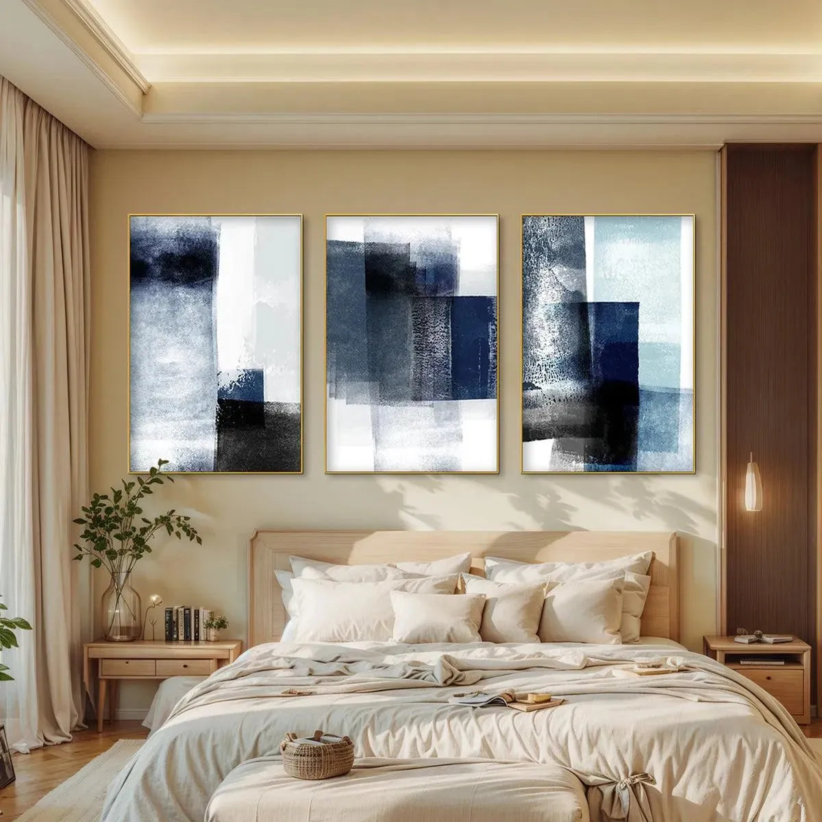 BLUE ABSTRACT TRIPTYCH: Abstract Painting Set of 3, Vertical Wall Art - Image 4