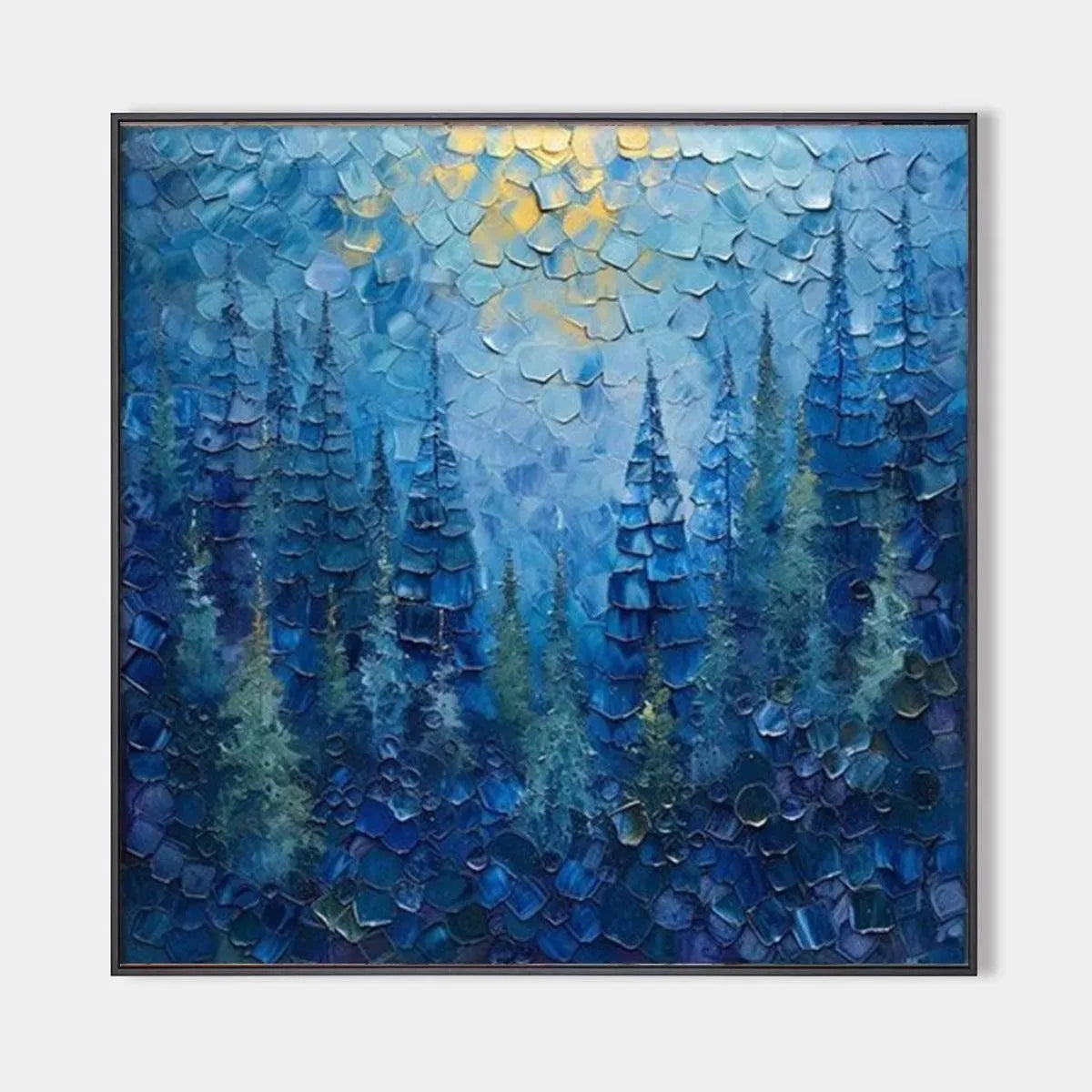 BLUE FOREST: Textured Forest Painting, Blue Landscape Wall Art, Square Canvas, Impasto Decor