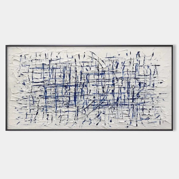 BLUE GRID: Textured Minimalist Abstract Painting in Blue and White