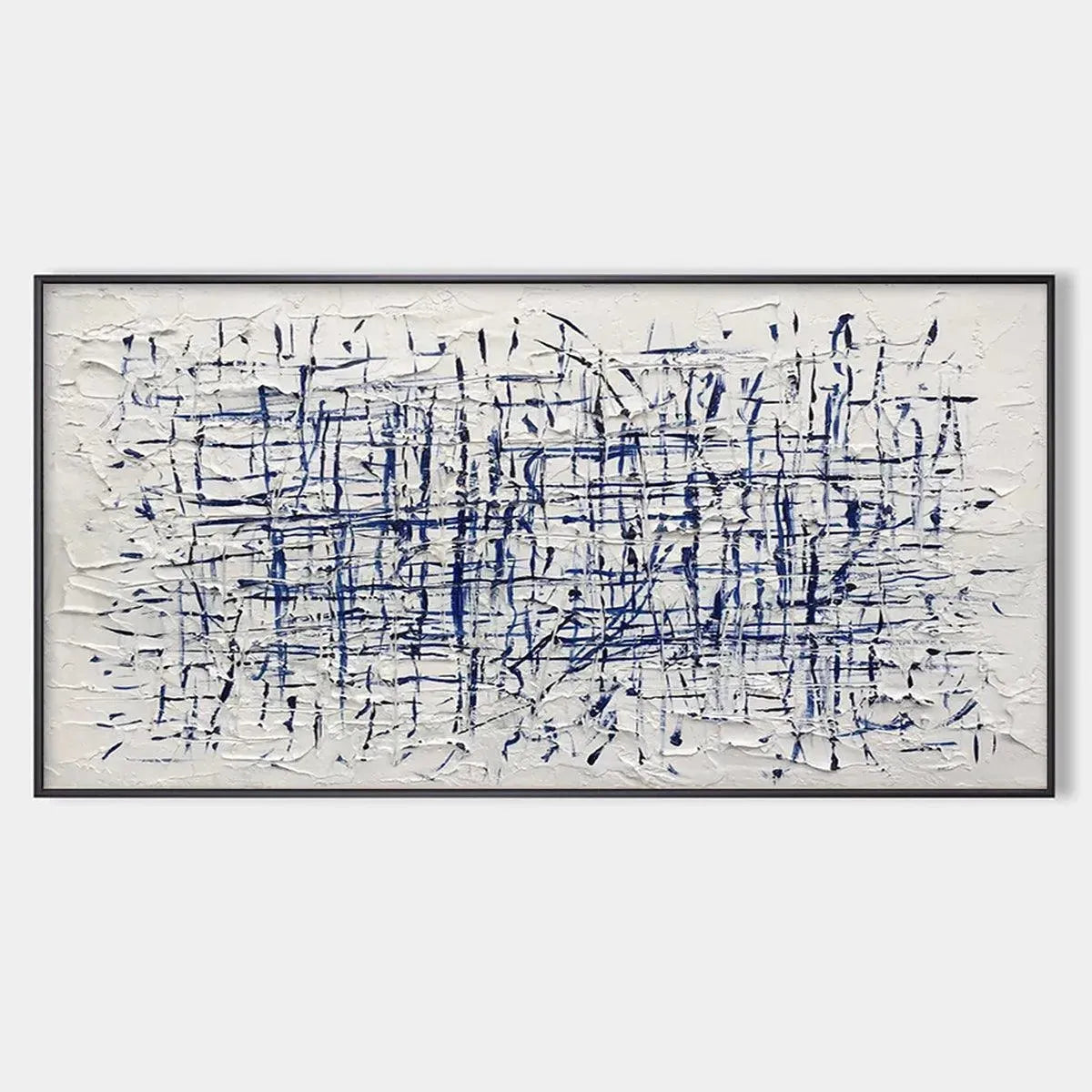 BLUE GRID: Textured Minimalist Abstract Painting in Blue and White
