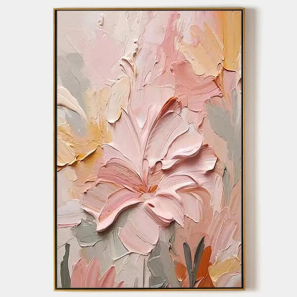 BLUSHING BLOOMS: Textured Floral Painting, Pink and Peach Wall Art, Vertical Canvas, Impasto Decor
