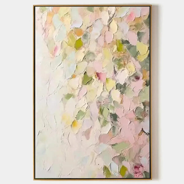 BLUSHING BLOOMS: Textured Abstract Floral Painting, Pastel Pink and Green Wall Art, Vertical Canvas, Impasto Decor