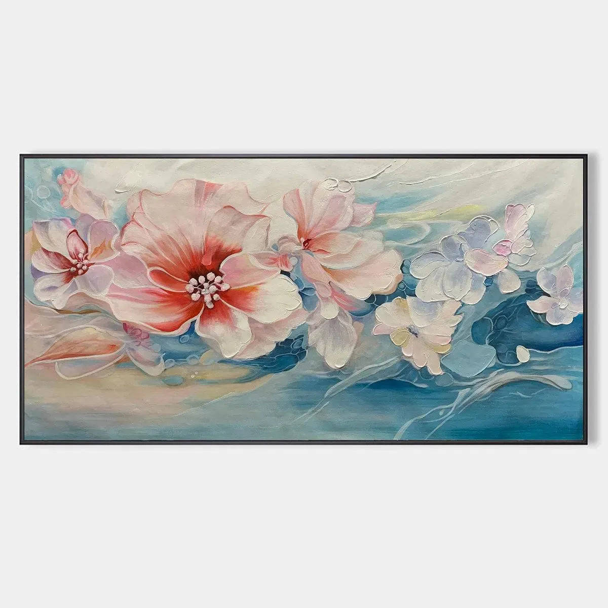 BLUSHING BLOOMS: Panoramic Floral Painting in Pink and Blue, Modern Impressionist Wall Art