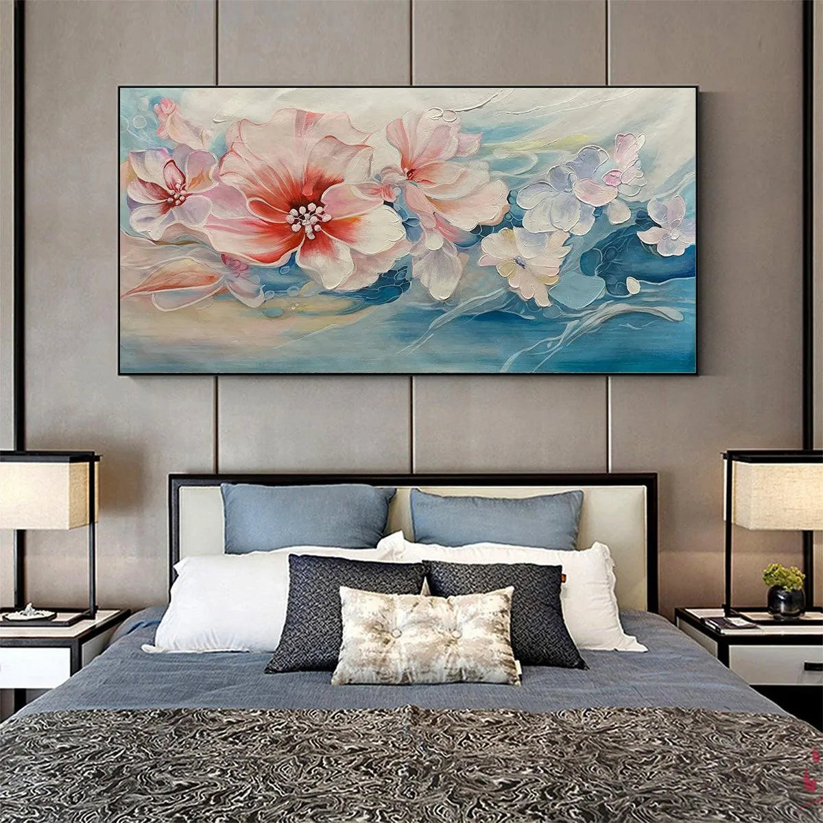 BLUSHING BLOOMS: Panoramic Floral Painting in Pink and Blue, Modern Impressionist Wall Art - Image 8
