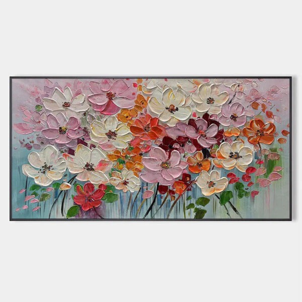 BOUQUET OF JOY: Panoramic Impasto Painting of Colorful Flowers, Textured Floral Wall Art