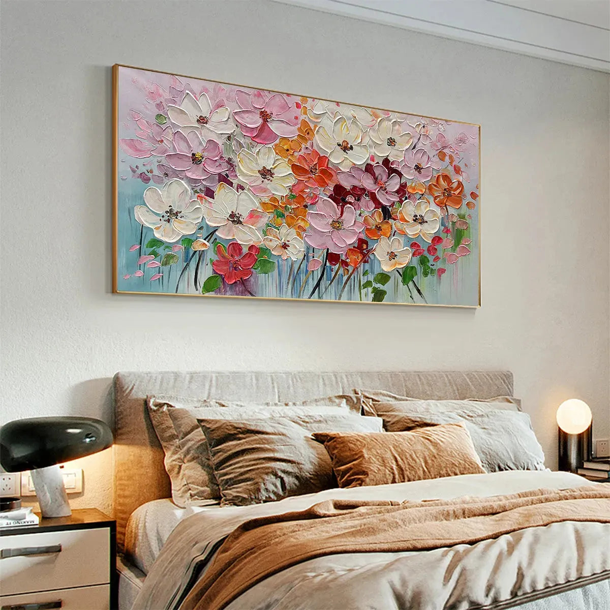 BOUQUET OF JOY: Panoramic Impasto Painting of Colorful Flowers, Textured Floral Wall Art - Image 2