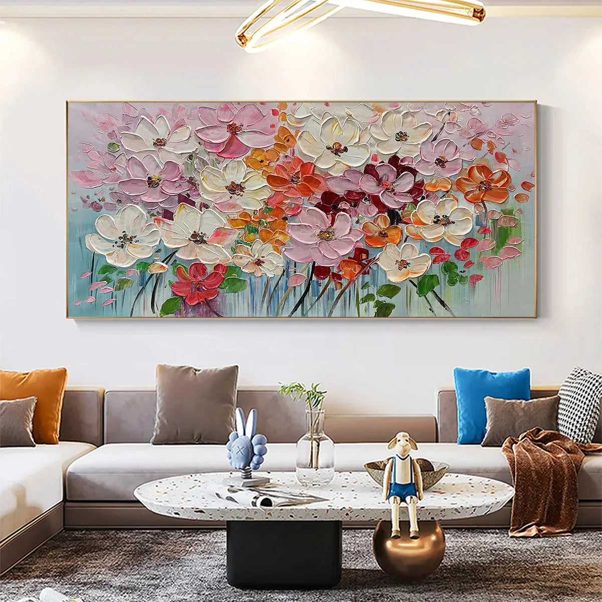BOUQUET OF JOY: Panoramic Impasto Painting of Colorful Flowers, Textured Floral Wall Art - Image 5